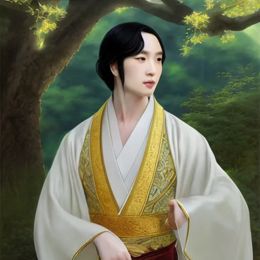 Image similar to a portrait of a young beautiful prince, golden eyes, long black hair, white hanfu, elegant, intricate, backlit, incredible lighting, strong rim light, subsurface scattering, photorealistic, epic beautiful landscape, cherry trees, highly detailed, god rays, digital painting, by Heise Jinyao, Heise-Lian Yan Fang, Feimo, Rossdraws, HDRI, vivid colors, high contrast, 8k