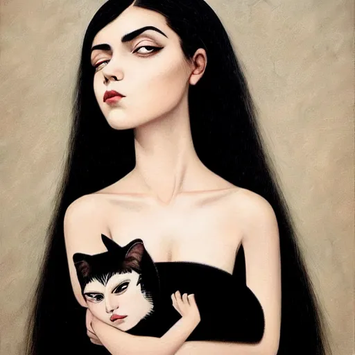 Image similar to a painting of an emo mexican woman with long dark hair thick eyebrows dark eyes and dark circles wide nose big eyes oval face shape big cheeks holding her cat, photorealistic painting by tran nguyen ilya kuvshinov and greg rutkowski featured on deviantart, gothic art, goth, gothic, detailed painting