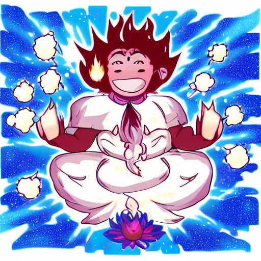 Image similar to fluffy exploding popcorn elemental spirit, in the style of a manga character, with a smiling face and flames for hair, sitting on a lotus flower, white background, clean composition, symmetrical