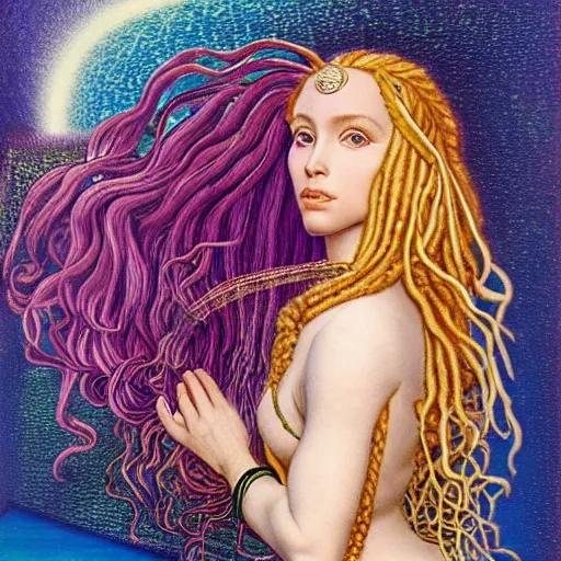 Prompt: techno mystic goddess princess intergalactica, with aqua neon rapunzel dreadlocks, detailed, wearing seashell attire, crystal pathway to atlantis floating on the sea, by gilbert williams masterpiece, sharp focus, sandro botticelli