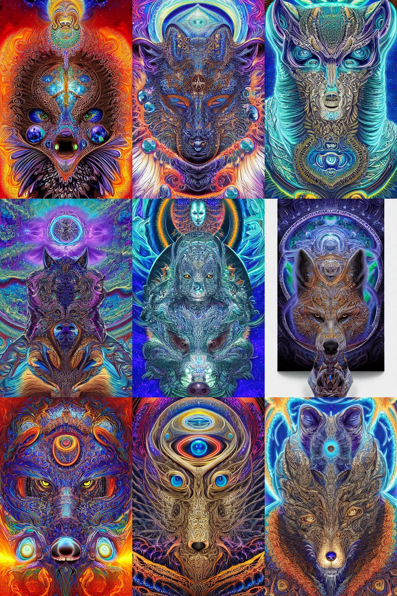 Prompt: a beautiful digital art of a intricate ornate cosmic fractal wolf water shaman with a third eye by dan mumford and alex grey hd vibrant 3 d ue 5