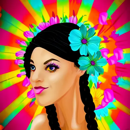 Image similar to a portrait of a young lady with perfect face, hot summertime hippie, fancy dress , flowers background , sunny day, highly detailed, realistic portrait, perfect design, natural light