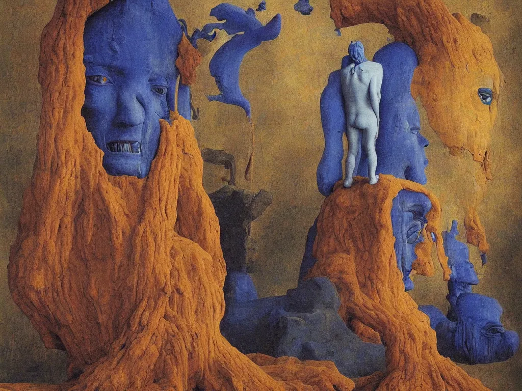 Image similar to Albino mystic with his back turned, looking in the distance at giant totemic archaic sculpture mask temple made from Lapis Lazuli. Painting by Jan van Eyck, Beksinski, Rene Magritte, Agnes Pelton, Max Ernst, Walton Ford