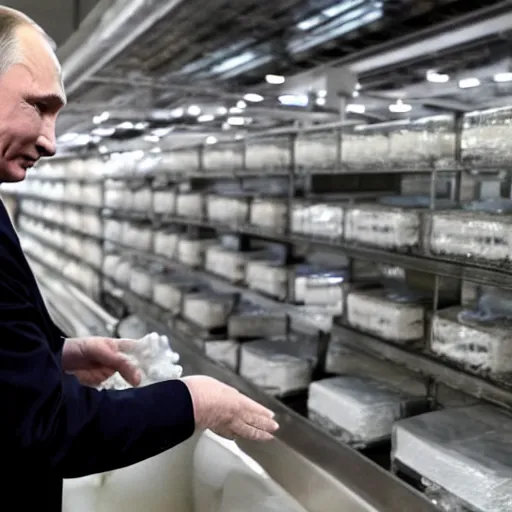 Prompt: vladimir putin inspecting the quality of soap in a soap factory