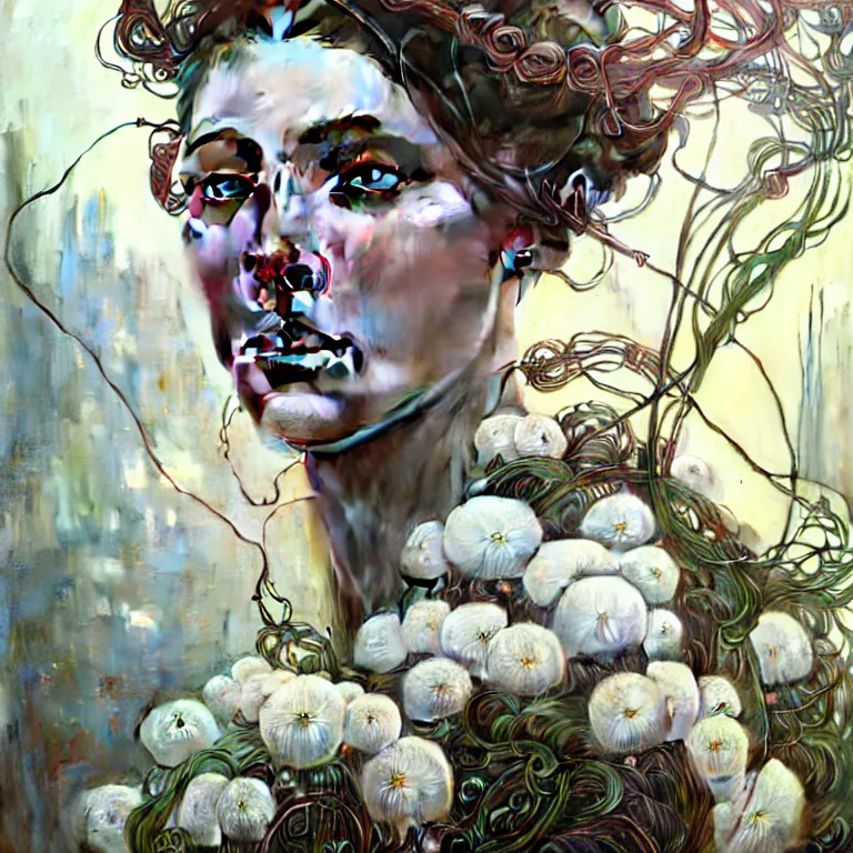 Image similar to hyperrealist realistic wonderful face portrait of a 2 0 4 4 space sport engineer, it is decorated with long wires and white flowers that fall like vines and wears a huge computer crown. by jeremy mann and alphonse mucha, fantasy art, photo realistic, dynamic lighting, artstation, poster, volumetric lighting, very detailed faces, 4 k, award winning