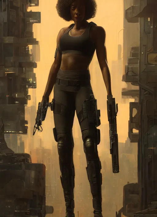 Image similar to misty knight. cyberpunk police trooper in a military vest ( blade runner 2 0 4 9, cyberpunk 2 0 7 7 ). orientalist portrait by john william waterhouse and james gurney and theodore ralli and nasreddine dinet, oil on canvas. cinematic, hyper realism, realistic proportions, dramatic lighting, high detail 4 k