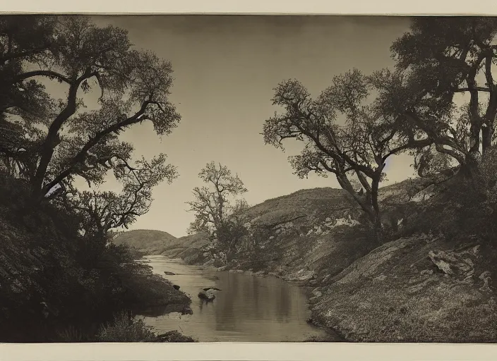Prompt: Overlook of a river and chaparrals with sparse catci, albumen silver print by Timothy H. O'Sullivan.