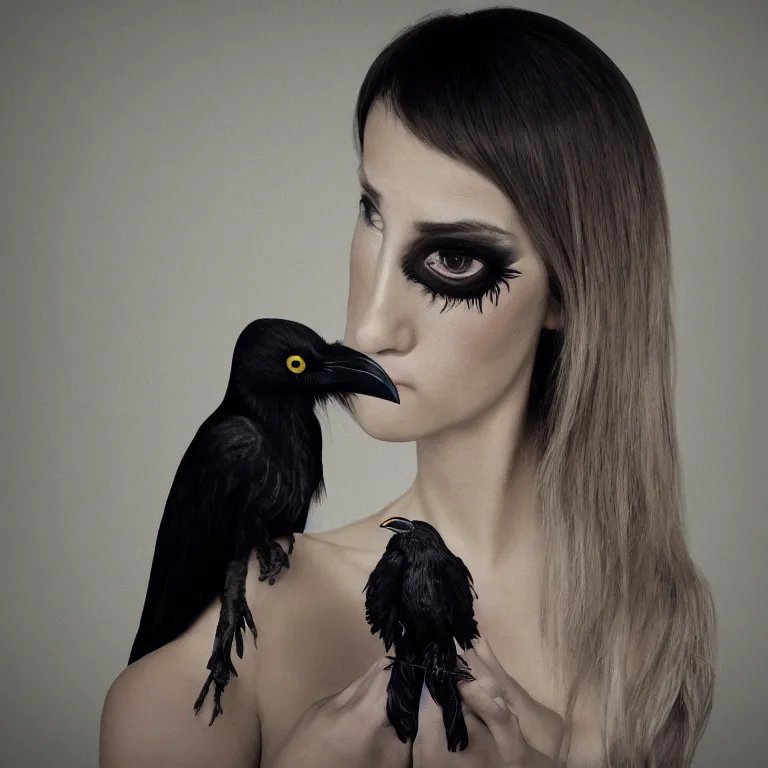 Image similar to hight focus of a wonderful realistic focused sweet wonderful symmetrical mid portrait in the center of image, of a lonely woman with a only a dress like a realistic black raven, dramatic light, octane render - 8 k