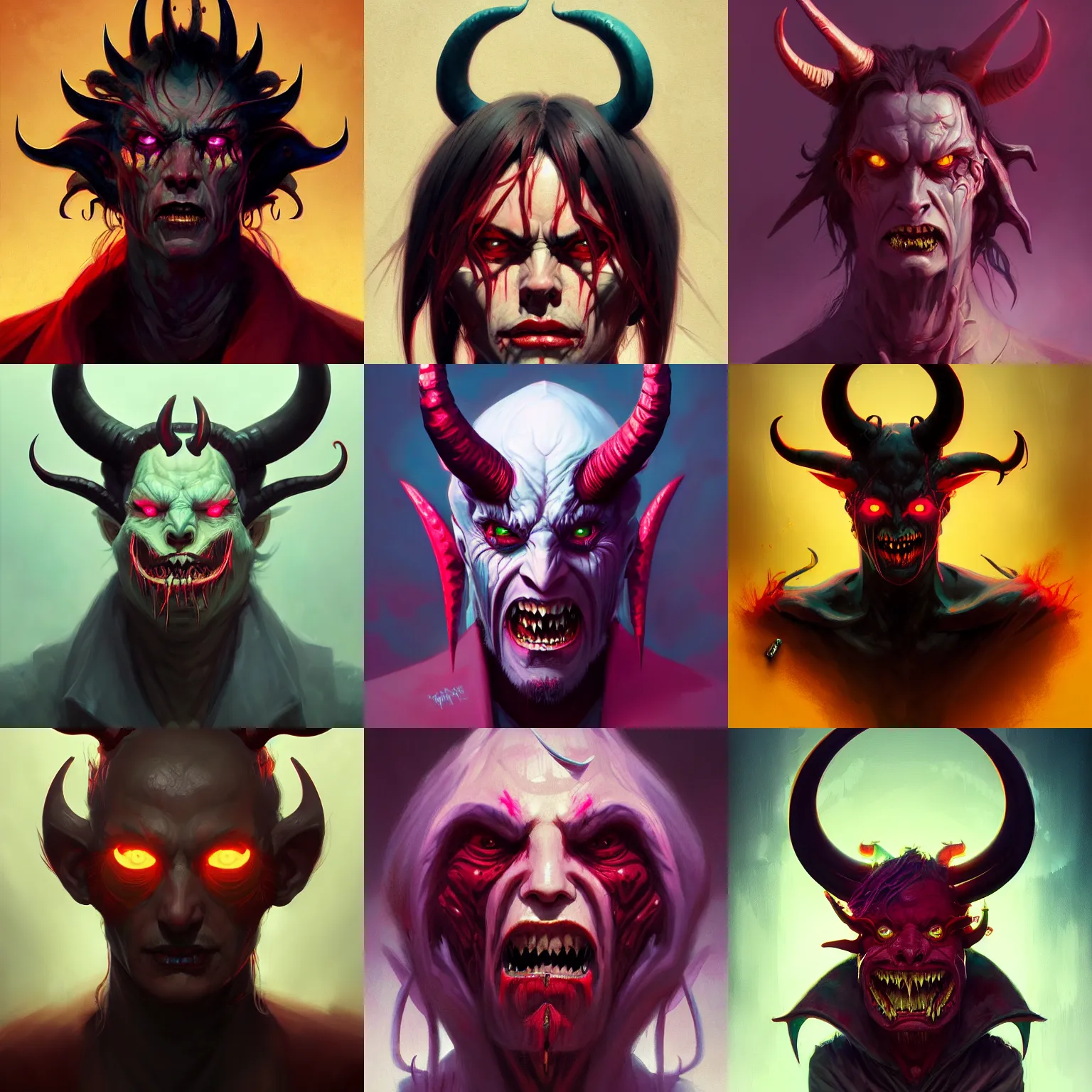Prompt: a post - minimalism portrait of maniac evil looking demon with short horns vibrant color scheme, highly detailed, in the style of romanticism, cinematic, artstation, moebius, greg rutkowski