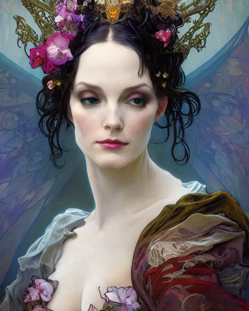 Image similar to wlop and daniel gerhartz and alfons mucha detailed portrait digital rococo painting of a beautiful serious villainess wearing fantasy clothing like liliana vess, villainess has black angel wings, evil mood, hellish battlefield in the background, embers flying, unreal engine, hyper realism, realistic shading, cinematic composition, blender render, octane render, ultrawide shot
