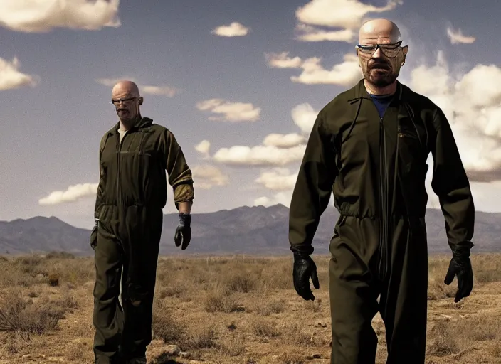 Image similar to film still of Walter White as Gordan Freeman wearing Black Mesa Jumpsuit in the Half Life Movie, 4k