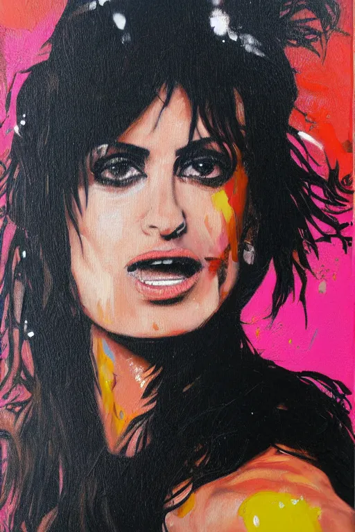 Image similar to oil painting, portrait of penelope cruz, graffiti, splash painting, by bansky