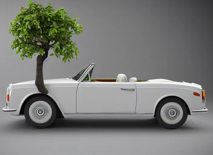 Image similar to a small miniature of a Rolls Royce Corniche Cabrio on a white table near a vase with a plant, 3d render, octane render, unreal engine 5, path tracing, serene landscape, calm, relaxing, beautiful landscape, highly detailed, high quality, 4k, symmetrical, low contrast