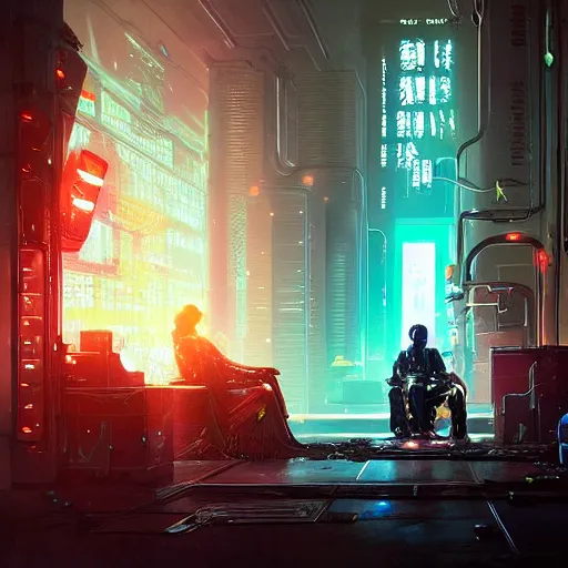 Prompt: cyberpunk cyborg bionic neon lights electricity sparks napoleon royal digital throne greg rutkowski