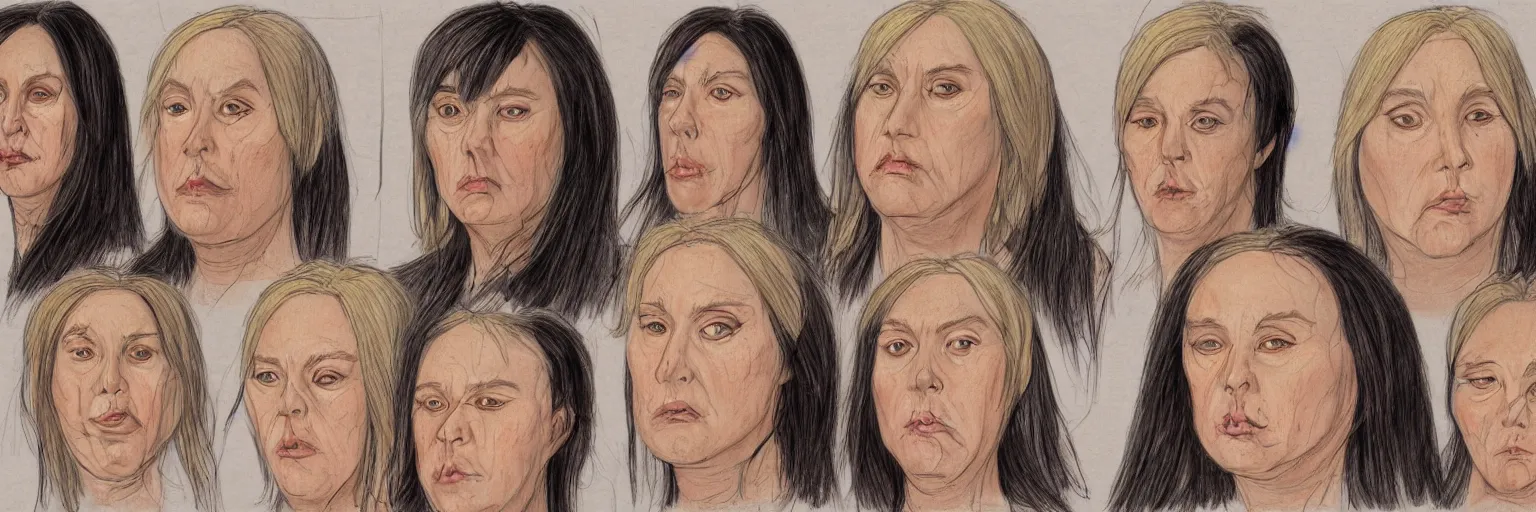 Image similar to colored pencils female character face study of iggy pop, fat woman, 5 5 yo, clear female iggy pop faces, emotional, character sheet, fine details, concept design, contrast, kim jung gi, pixar and da vinci, trending on artstation, 8 k, 3 6 0 head, turnaround, front view, back view, ultra wide angle