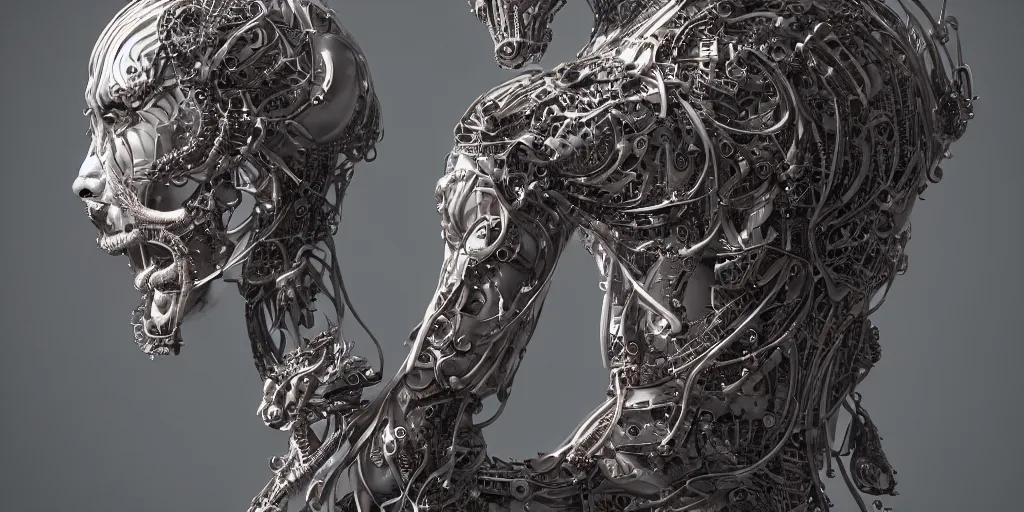 Image similar to hyper realistic photography of a stunningly beautiful cyborg male, plated arm, intimate, chest, holding close, ribbons, in the style of beth cavener, jin kagetsu,, and wlop, highly detailed, intricate filigree, symmetry, masterpiece, award winning, sharp focus, concept art, highkey lighting, ambient lighting, octane render, 8 k, artstation