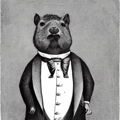 Image similar to capybara in a tuxedo, dark, high detail, dramatic light, drawing gustave dore