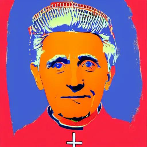 Image similar to portrait of pope benedict xvi wearing tiara on the top of his head in the style of screen print by andy warhol. pop art