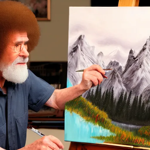 Image similar to a closeup photorealistic photograph of bob ross working on a canvas painting of marilyn manson. happy trees, mountain scape. film still. brightly lit scene. this 4 k hd image is trending on artstation, featured on behance, well - rendered, extra crisp, features intricate detail, epic composition and the style of unreal engine.