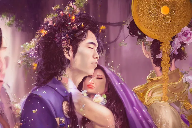 Image similar to a cinematic portrait of wedding photograph jpeg close up moment of a divine a japan sun god and moon goddess lovers magician at a wedding banquet. portraiture. digital painting. artstation. concept art. fantasy wedding photo. digital painting, 8 k realistic, hyper detailed, violet evergarden art masterpiece by art by krenz cushart