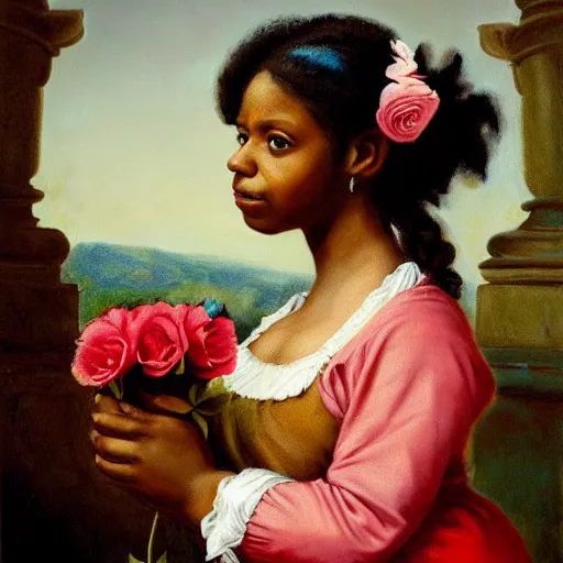 Prompt: beautiful brown skinned woman, with pigtails, holding flowers, hyper realism, muted colours, rococo, portrait