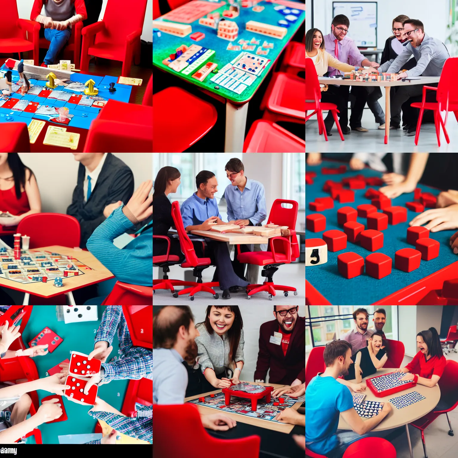 Prompt: board game with happy office workers celebrating and red chairs macro photo
