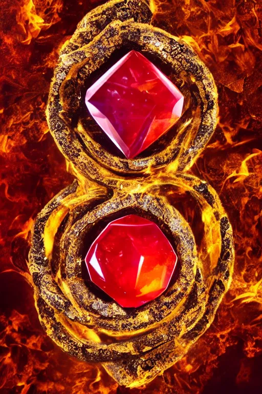 Image similar to A solid Rock. A single elemental Gemstone of fire, covered in organic shapes and glowing with power, Jewel, Sitting alone, Surrounded by darkness, Empty Background. Black Background. No Background. Seriously, no background. concept art, illustration, burning hot. Magic Stone. Ruby Stone. Gold Inlays. Crystal structure. Symmetrical. Spirals. Melting. Honey. Intricate. Zaha Hadid shapes. Hyper Real. 4K. Octane Render. Refraction. Caustics. Raytracing.
