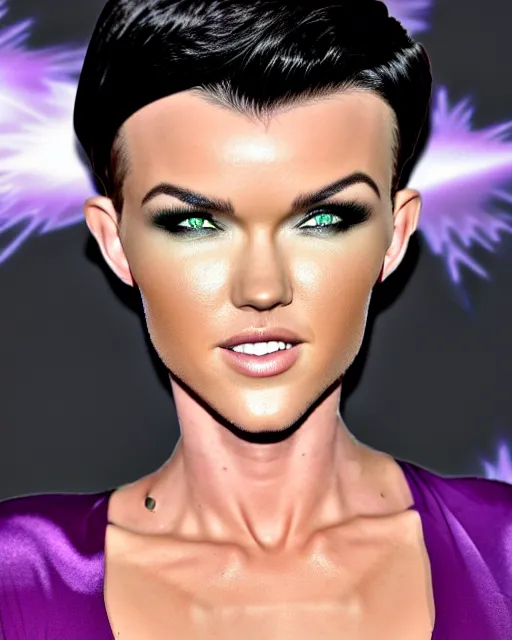 Image similar to photos of beautiful actress Ruby Rose with flawless skin and no tattoos colored as the purple skinned Green Lantern soranik natu as she soars thru outer space,Ruby Rose, photogenic, purple skin, short black pixie like hair, particle effects, photography, studio lighting, cinematic