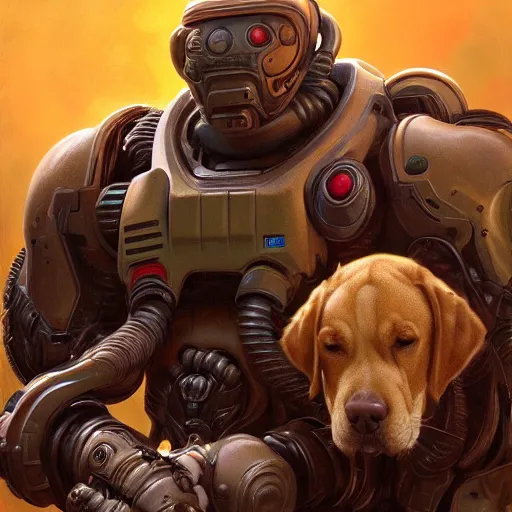 Image similar to Doom Guy as a Dog, detailed, centered, digital painting, artstation, concept art, donato giancola, Joseph Christian Leyendecker, WLOP, Boris Vallejo, Breathtaking, 8k resolution, extremely detailed, beautiful, establishing shot, artistic, hyperrealistic, beautiful face, octane render, cinematic lighting, dramatic lighting, masterpiece