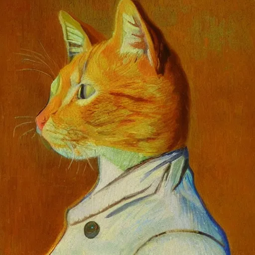 Image similar to a portrait of a ginger orange cat, wearing a light blue suit, by Vincent Van Gogh