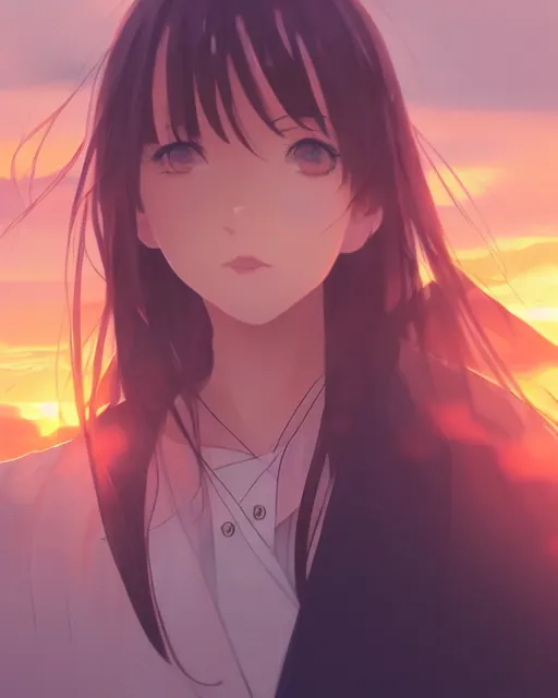 Image similar to kyoto animation, woman looking at sunset, beautiful, detailed portrait, cell shaded, 4 k, concept art, by wlop, ilya kuvshinov, artgerm, krenz cushart, greg rutkowski, pixiv. cinematic dramatic atmosphere, sharp focus, volumetric lighting, cinematic lighting, studio quality