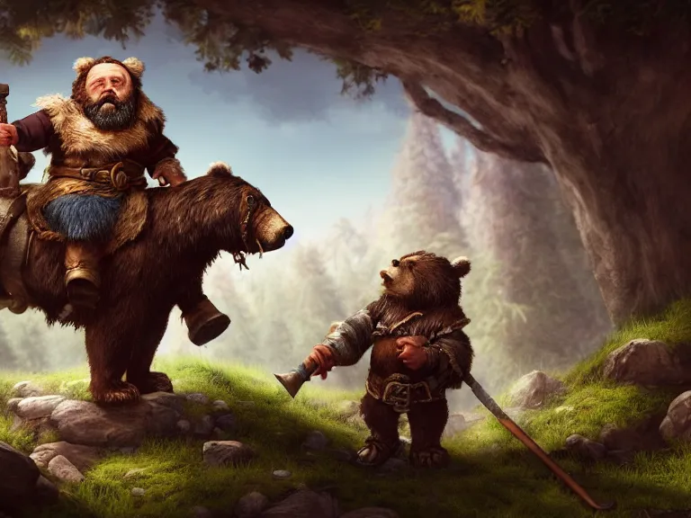 Image similar to Drunk Dwarf Woodsman riding Bear Companion into a Tavern, RPG Portrait Full Body, Oil Painting, Trending on Artstation, octane render, Insanely Detailed, 8k, HD