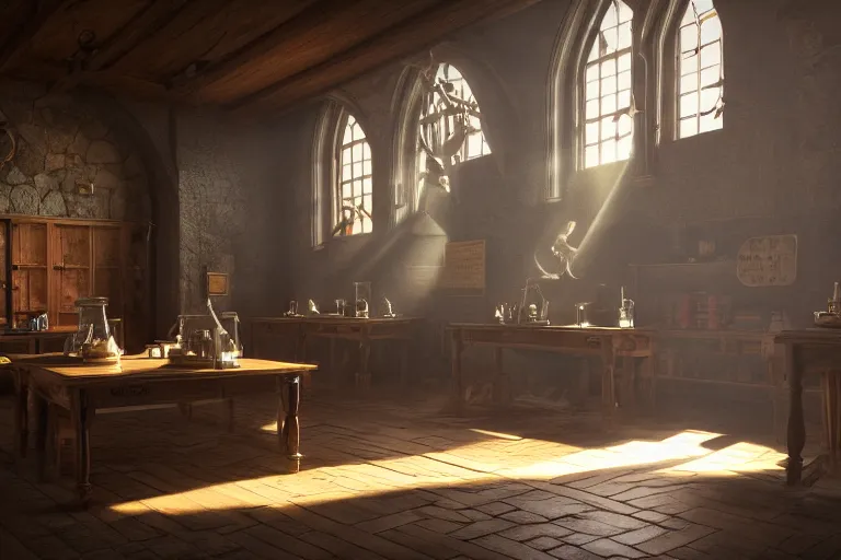 Prompt: macro photo of a diorama potions classroom of hogwarts, interior view, potions class room, extreme details, soft lighting, crepuscular rays, hyper realistic octane render, depth of field 8 k