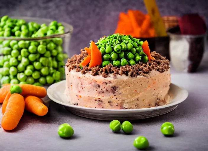 Image similar to dslr food photograph of a birthday cake iced with mashed potatoes and topped with ground beef carrots and peas, 8 5 mm f 1. 8