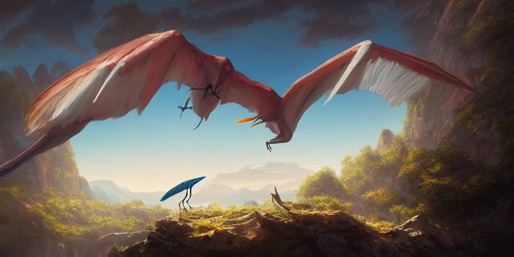 Image similar to ultra realistic colorful pterodactylus beautiful dreamy landscape, dream, colors, highly detailed, artgerm style, clear, ocatne render, artstation trend, epic art style, greg rutkowski, cinematic, concept art, 8 k hd