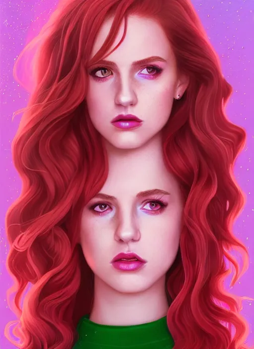 Image similar to full body portrait of teenage cheryl blossom, bangs, green eyes, sultry expression, red hair, sultry smirk, bangs and wavy hair, pink skirt, bangs, intricate, elegant, glowing lights, highly detailed, digital painting, artstation, concept art, smooth, sharp focus, illustration, art by wlop, mars ravelo and greg rutkowski