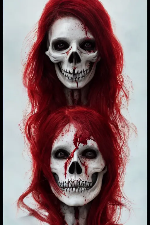 Prompt: pale woman skeleton covered with blood, rolyatistaylor face!!!, red hair, ultra realistic, concept art, intricate details, highly detailed, 4 5 mm. photorealistic, octane render, 8 k, unreal engine. film still, heavy grain, 3 5 mm, art by artgerm and greg rutkowski and alphonse mucha