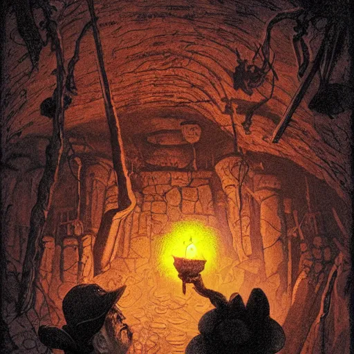 Prompt: an angry, grimy, dirty, grumpy [ old ], miner elf ( with red hat and a glowing latern ) in a pitch black mine, looks into the camera. angry kubrick stare, low key lighting, high contrast, theatrical, fairy tale illustration, character concept art by ivan bilibin, gustave dore and marc simonetti