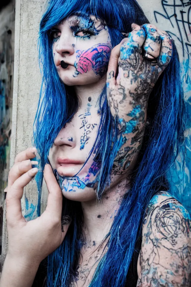 Image similar to a portrait of a grunge emo girl who has blue hair, a nose ring, black nails, fish net leggings, and is outside of a abandoned building with graffiti on it. Shallow depth of field. 4k hyperdetailed. Rendered with octane.