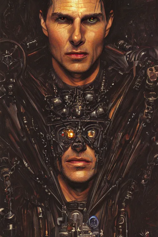 Prompt: portrait of demonic gothic Tom Cruise holy priest, cyberpunk, Warhammer, highly detailed, artstation, illustration, art by Gustav Klimt