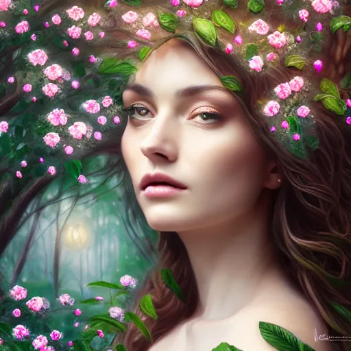 Prompt: a picture of a beautiful woman clothed in flowers and leaves sitting overlooking an enchanted forest, high fantasy, elegant, epic, detailed, intricate, digital painting, concept art, realistic detailed face, smooth, focus, rim light, detailed 8 5 mm f / 1. 4, anamorphic lens,