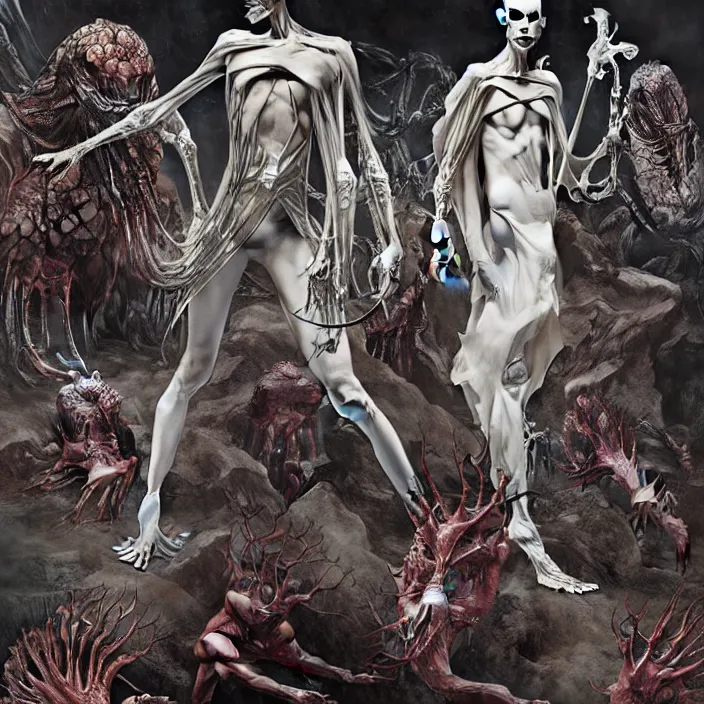 Image similar to still frame from Prometheus by Jakub Różalski and utagawa kuniyoshi, Ossiarch Bonereaper by Wayne Barlowe by peter Mohrbacher by Giger, dressed by Alexander McQueen and by Neri Oxman, metal couture hate couture editorial