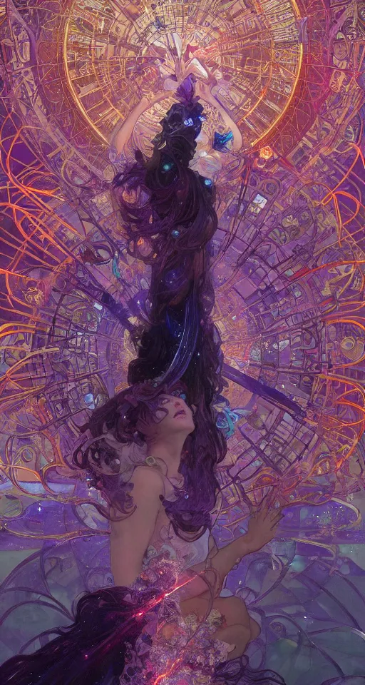 Image similar to she dreams of arcs of purple flame intertwined with glowing sparks, glinting particles of ice, dramatic lighting, steampunk, bright neon, secret holographic cyphers, red flowers, solar flares, intricate art by alphonse mucha and greg rutkowski and ruan jia