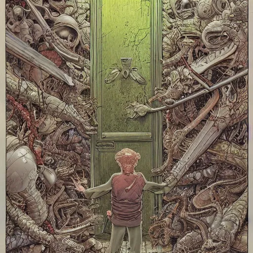 Image similar to opening a door to an impossible nightmare beyond comprehension, very very detailed painting by geof darrow and greg rutowski and hr giger