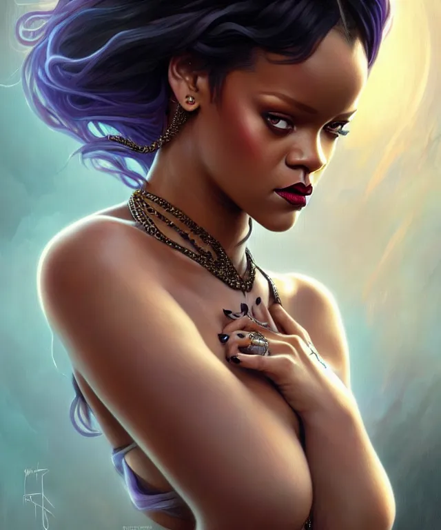 Image similar to Rihanna as a fantasy magic woman portrait, sci-fi, amber eyes, face, long hair, fantasy, intricate, elegant, highly detailed, digital painting, artstation, concept art, smooth, sharp focus, illustration, art by artgerm and greg rutkowski and alphonse mucha