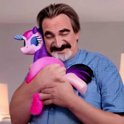 Prompt: fat mike lindell hugging an my little pony plushy. still from mypillow ad