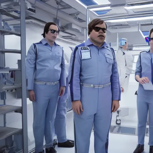 Image similar to troop jack black clones with white bob hairdos, tight light blue and lavender neopren suits, standing next to tall scientist looking at a clipboard, futuristic cloning facility, sci - fi, highly detailed, cinematic