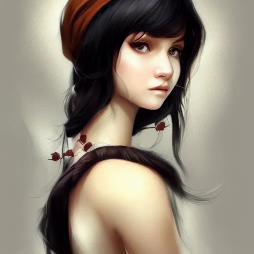 Image similar to teen girl, long black hair, gorgeous round face, brown pollover, amazing, elegant, intricate, highly detailed, digital painting, artstation, concept art, sharp focus, illustration, art by ross tran