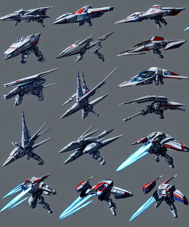 Image similar to 2 d shooter game concept art sprite sheet!!!, robotech gradius outer space concept art, hyperrealism, fine detail, 8 k, 3 d render, artgerm, artstation contest winner, cgsociety, cryengine, zbrush, vray, no background