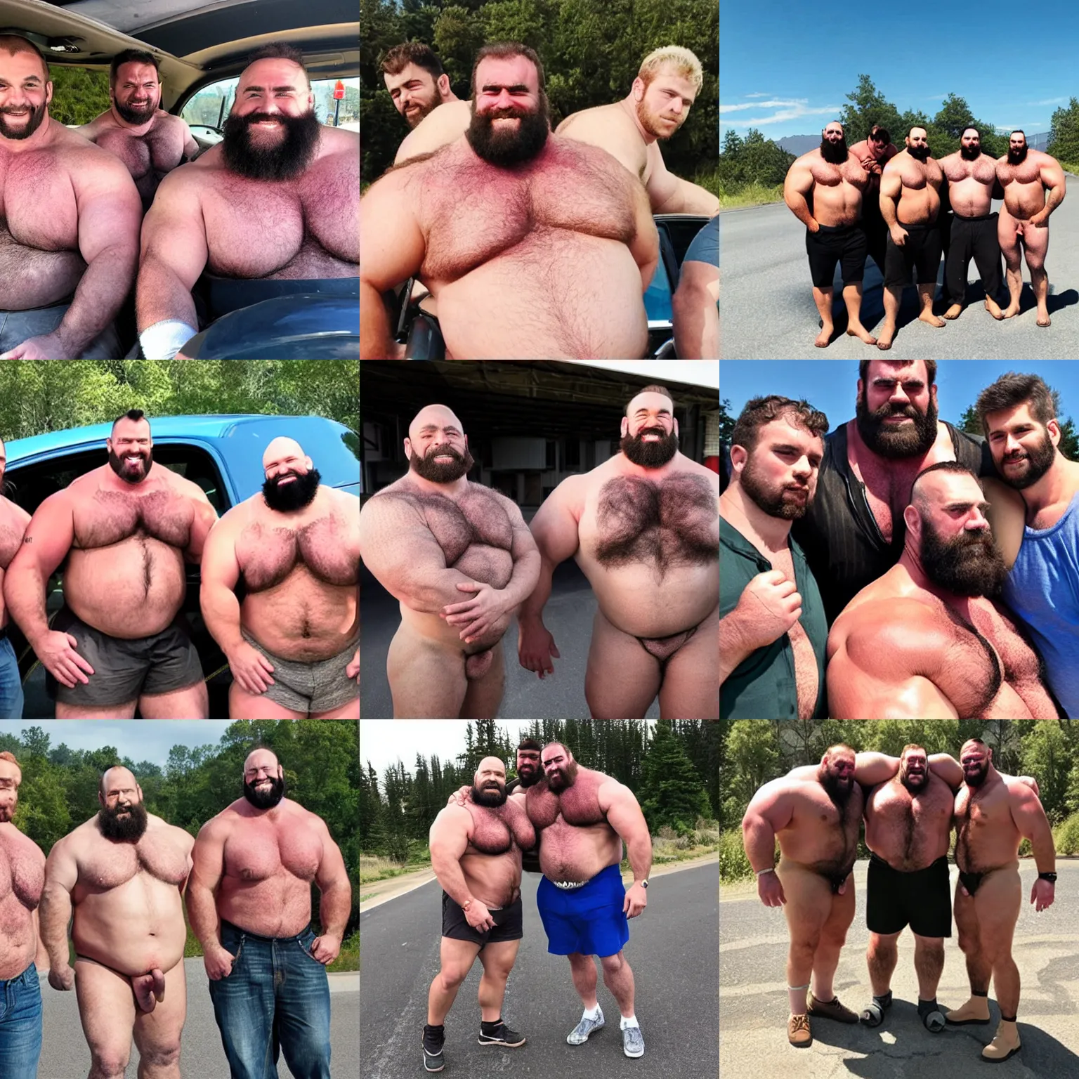 Prompt: big burly hairy strongmen on a road trip with their twink younger brother